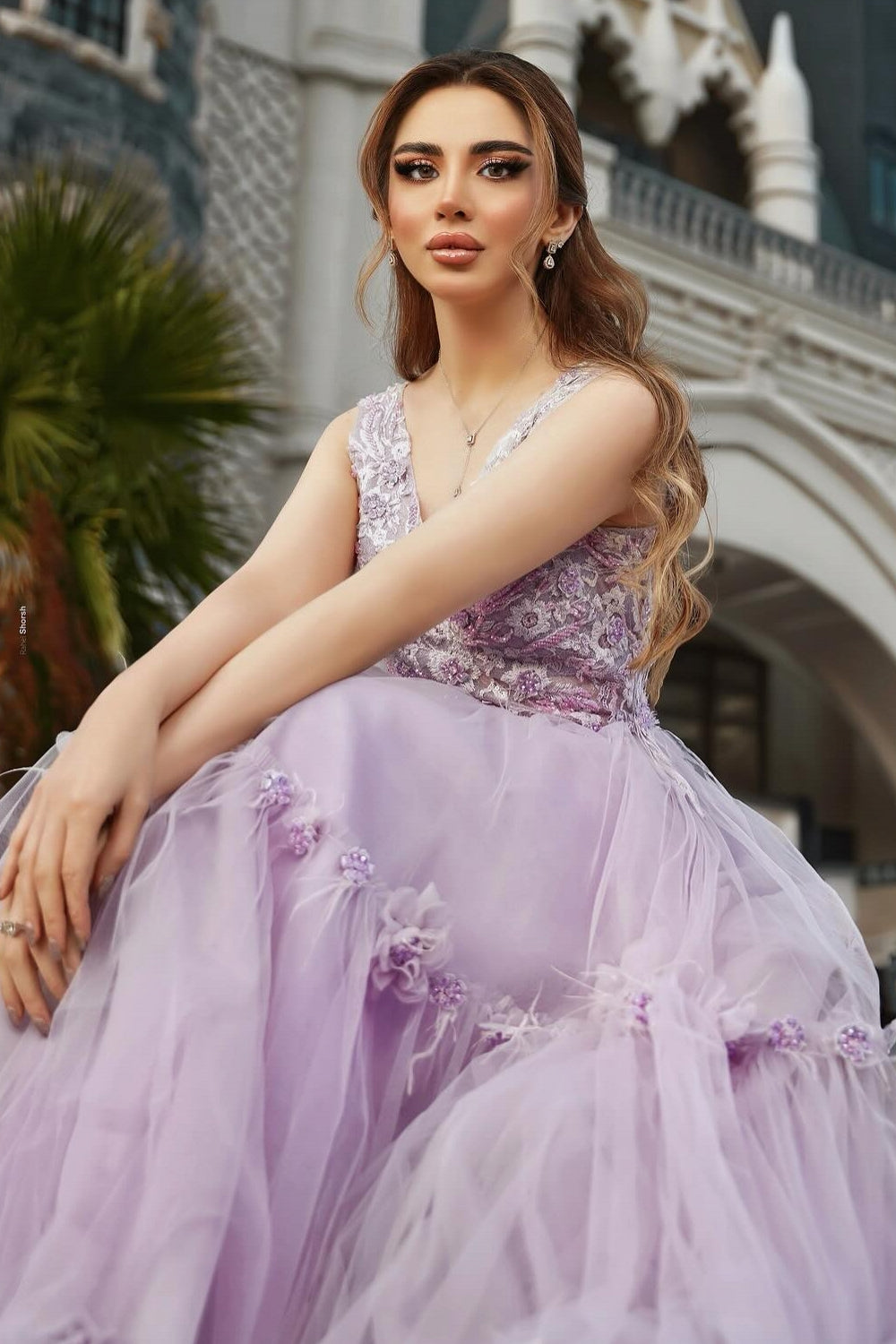 Lilac Prom Dress A Line Spaghetti V Neck Sleeveless Beaded Tulle Formal Dress With Appliques