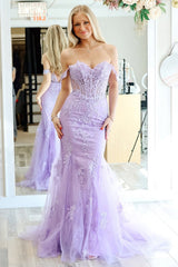 Lilac Prom Dress Appliqued Off The Shoulder Tulle Formal Dress