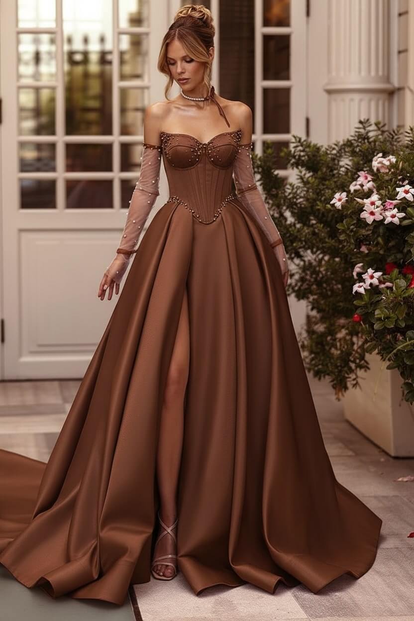 Lilac Prom Dress Beaded A Line Sweetheart Corset Evening Dress with Slit