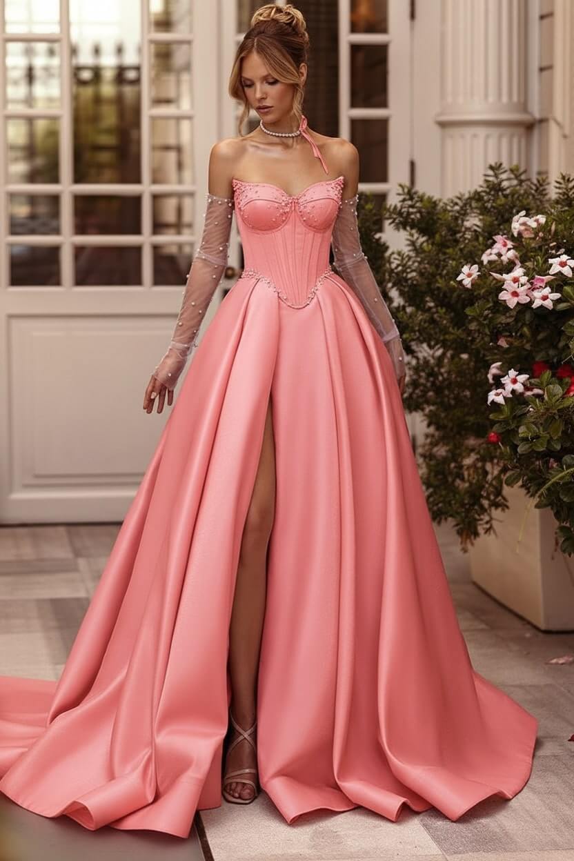 Lilac Prom Dress Beaded A Line Sweetheart Corset Evening Dress with Slit