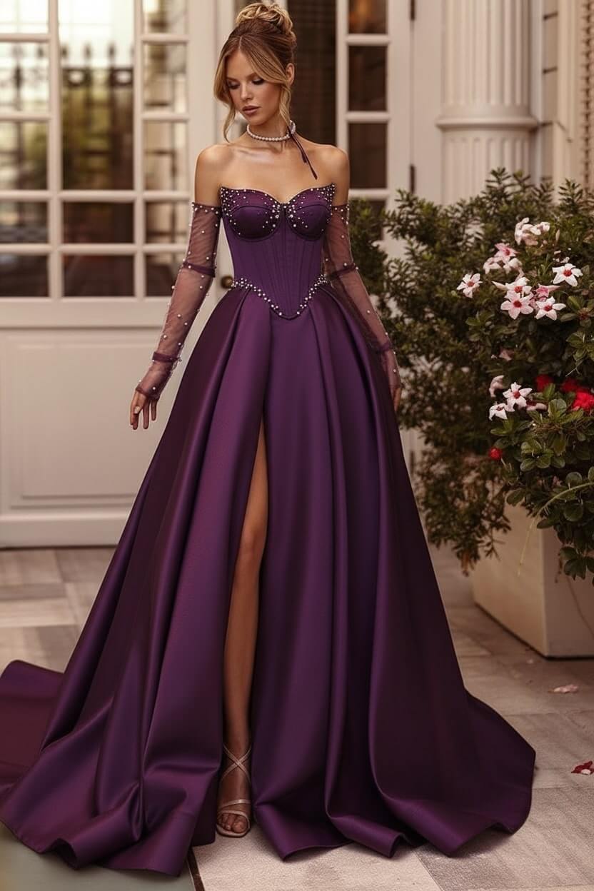 Lilac Prom Dress Beaded A Line Sweetheart Corset Evening Dress with Slit