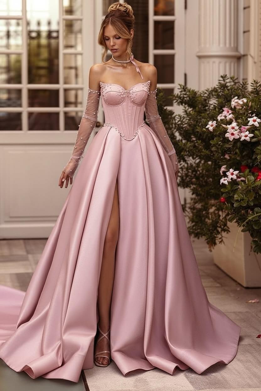 Lilac Prom Dress Beaded A Line Sweetheart Corset Evening Dress with Slit