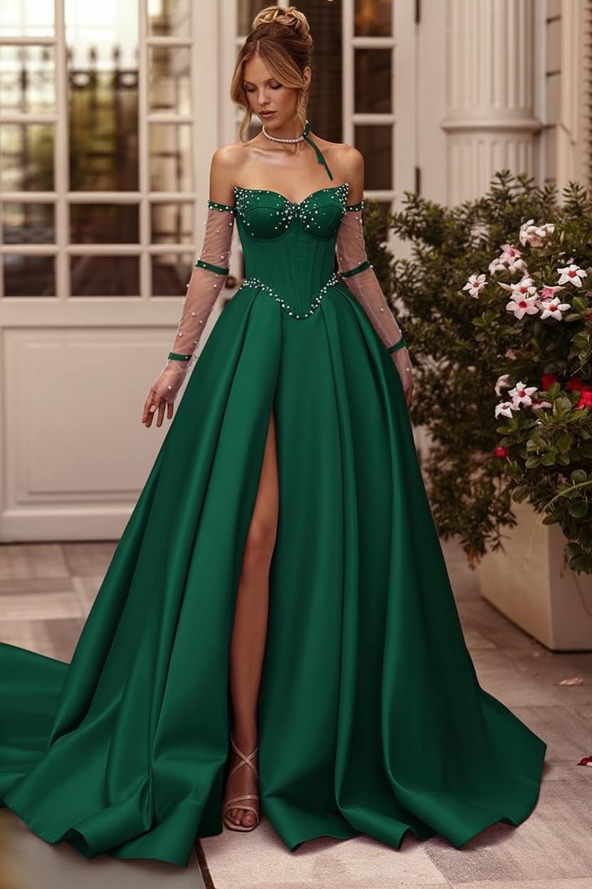 Lilac Prom Dress Beaded A Line Sweetheart Corset Evening Dress with Slit