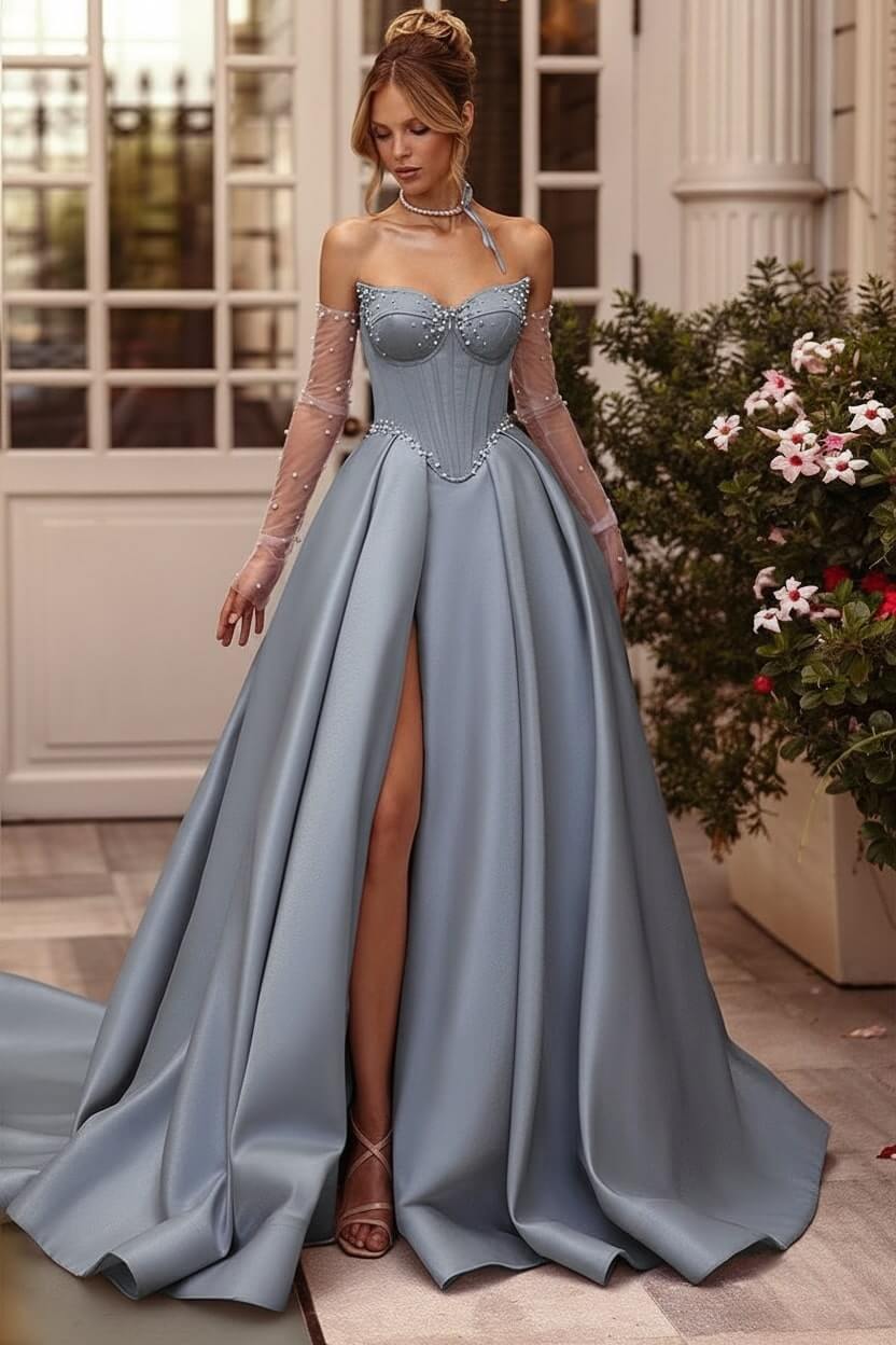 Lilac Prom Dress Beaded A Line Sweetheart Corset Evening Dress with Slit