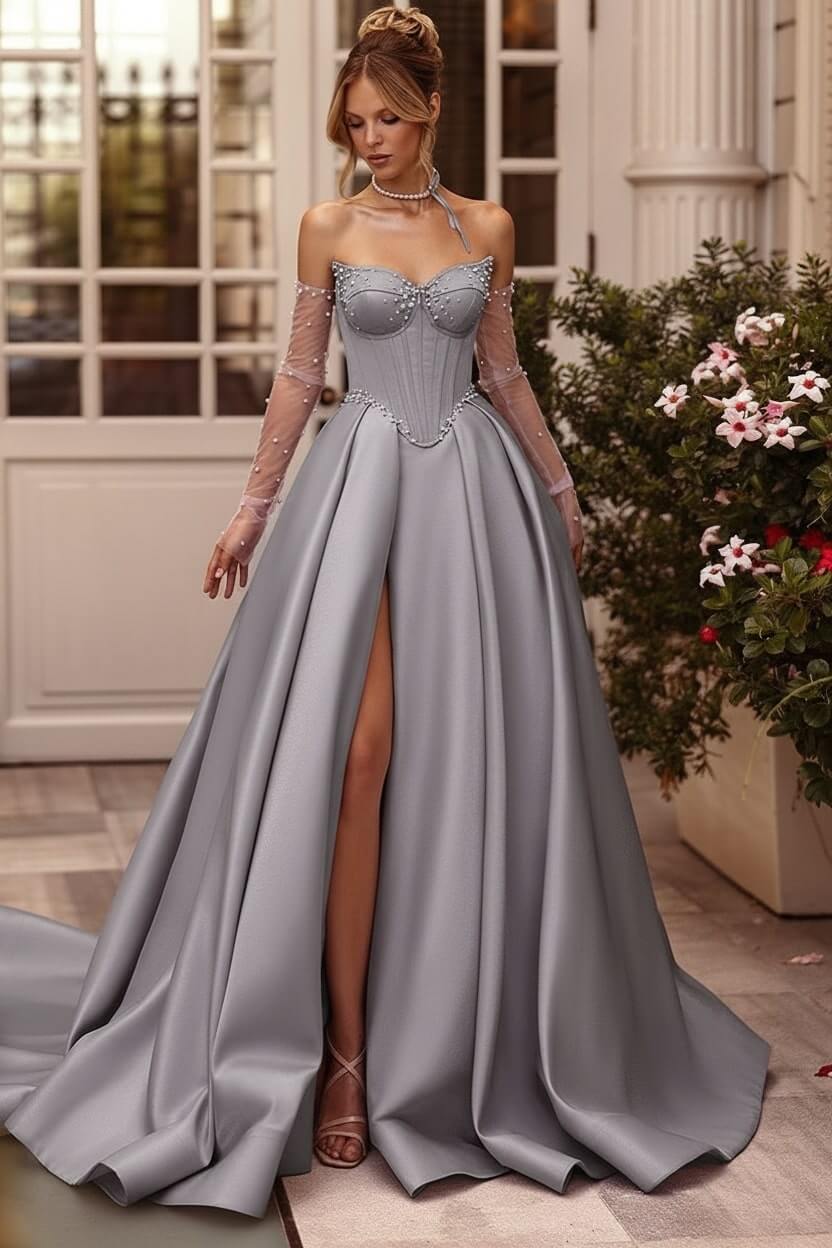 Lilac Prom Dress Beaded A Line Sweetheart Corset Evening Dress with Slit