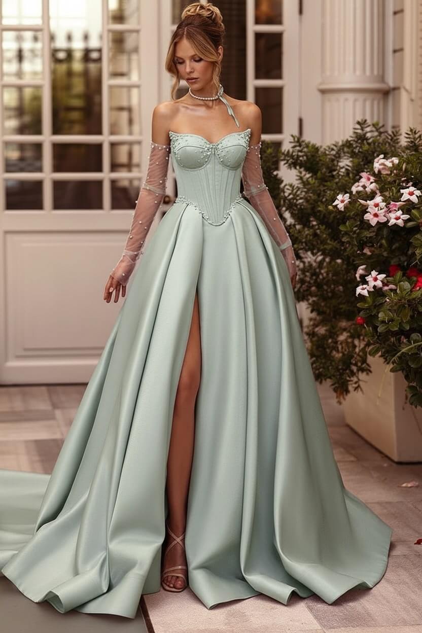 Lilac Prom Dress Beaded A Line Sweetheart Corset Evening Dress with Slit