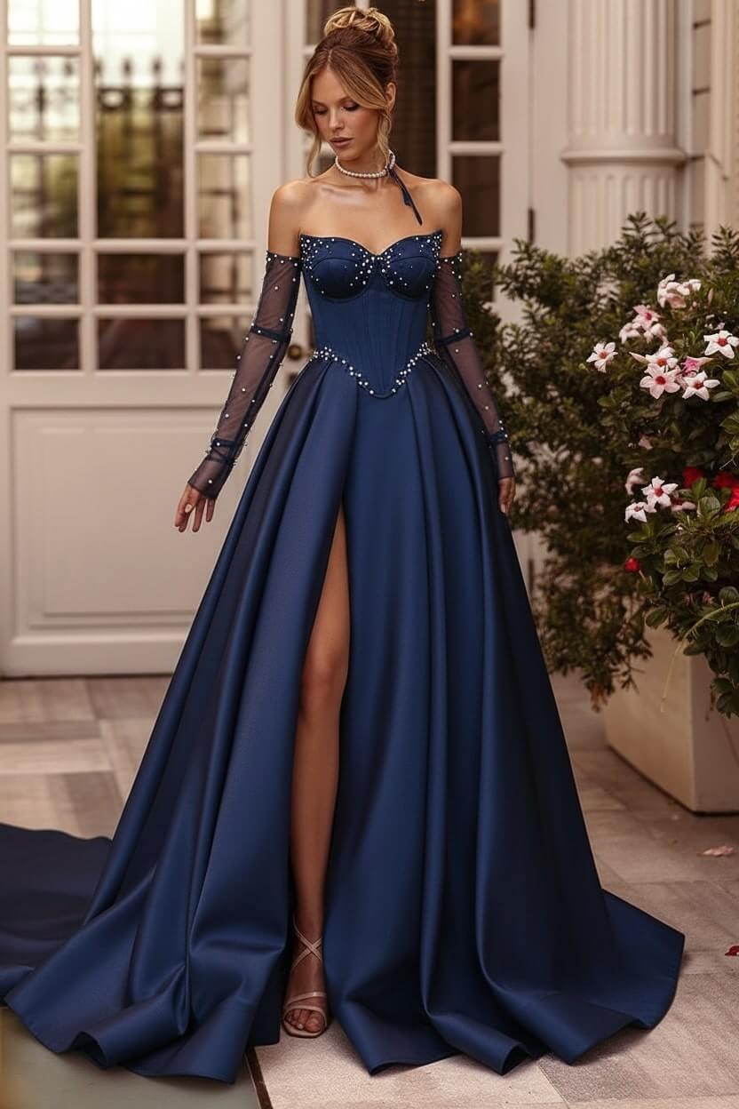 Lilac Prom Dress Beaded A Line Sweetheart Corset Evening Dress with Slit