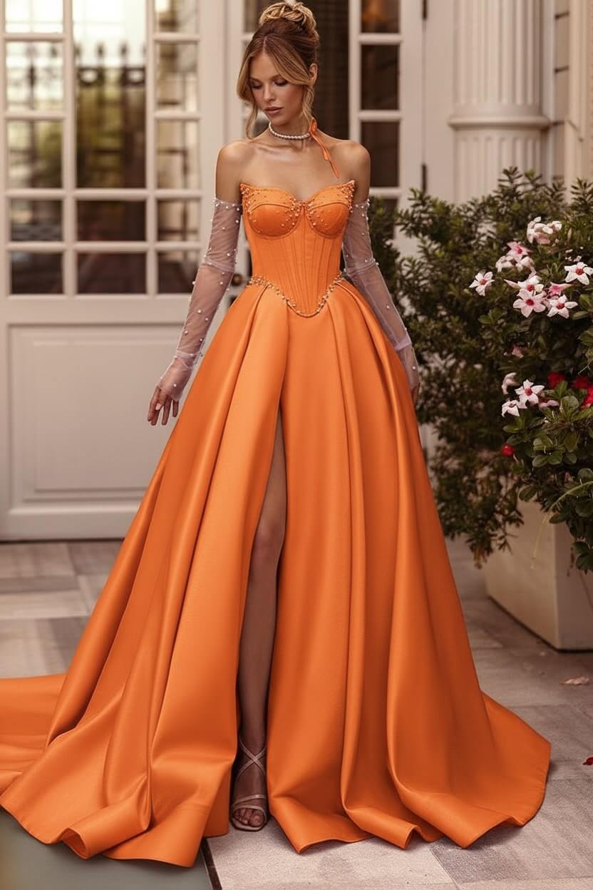 Lilac Prom Dress Beaded A Line Sweetheart Corset Evening Dress with Slit