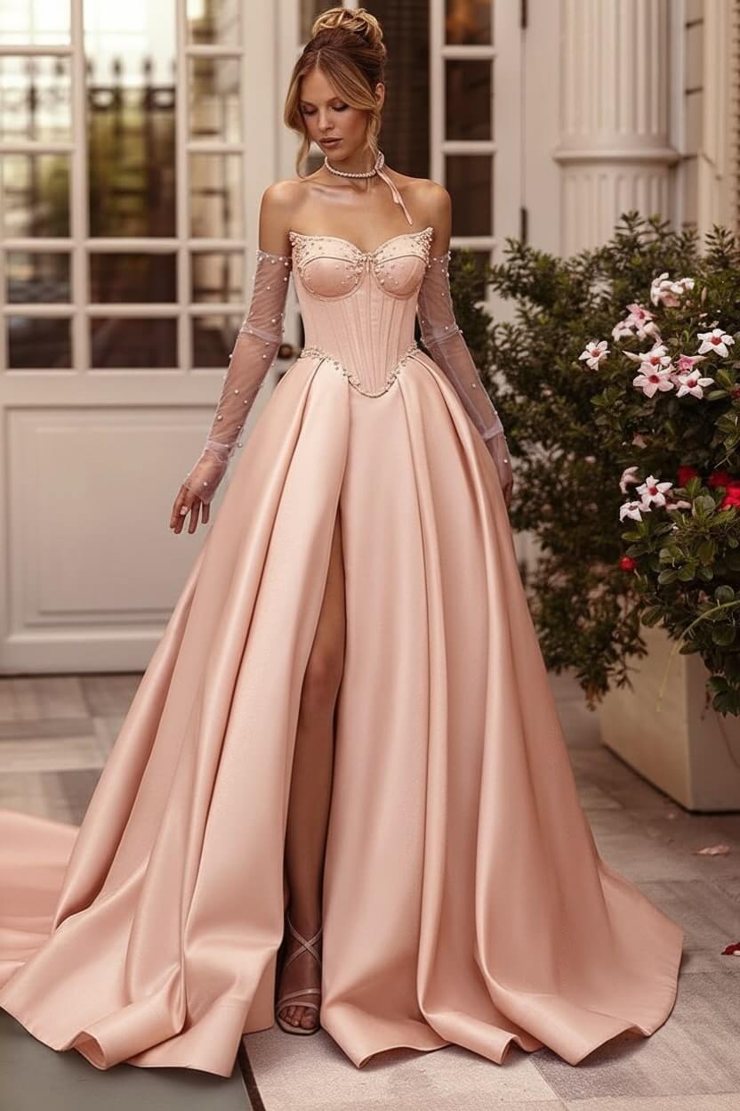 Lilac Prom Dress Beaded A Line Sweetheart Corset Evening Dress with Slit