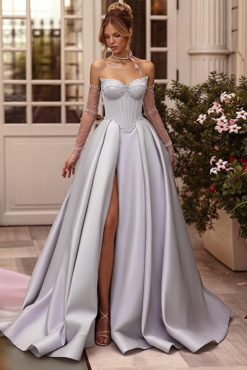 Lilac Prom Dress Beaded A Line Sweetheart Corset Evening Dress with Slit