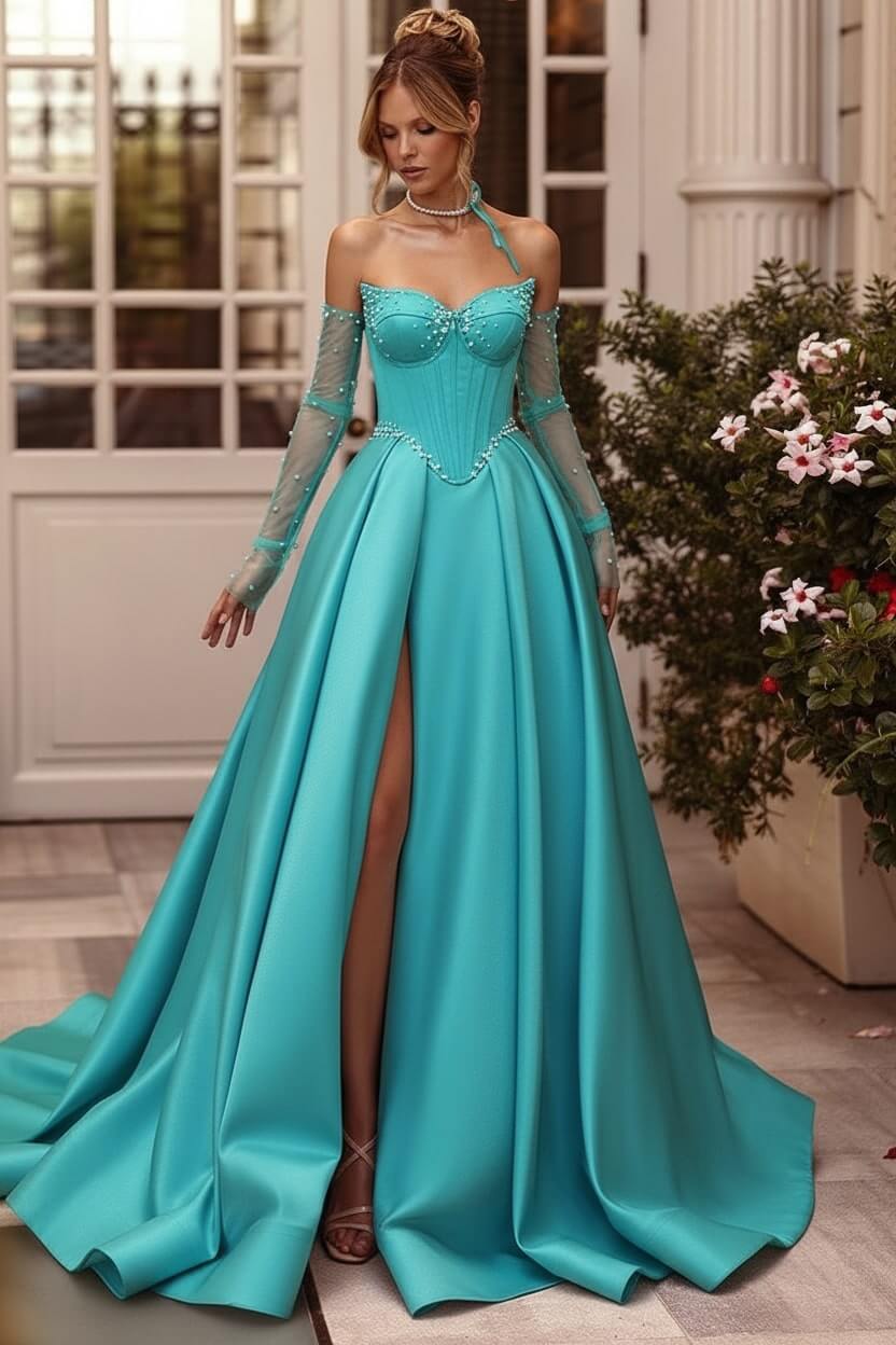 Lilac Prom Dress Beaded A Line Sweetheart Corset Evening Dress with Slit