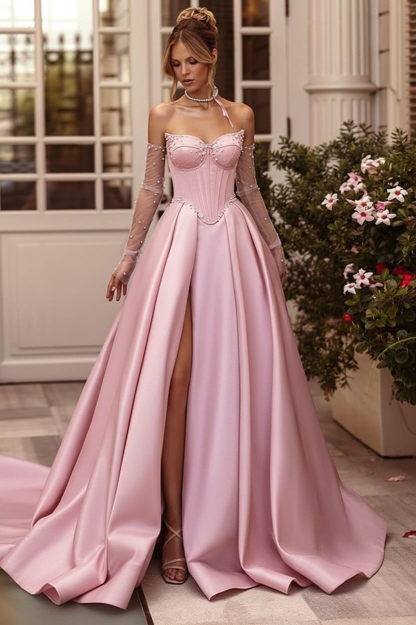 Lilac Prom Dress Beaded A Line Sweetheart Corset Evening Dress with Slit