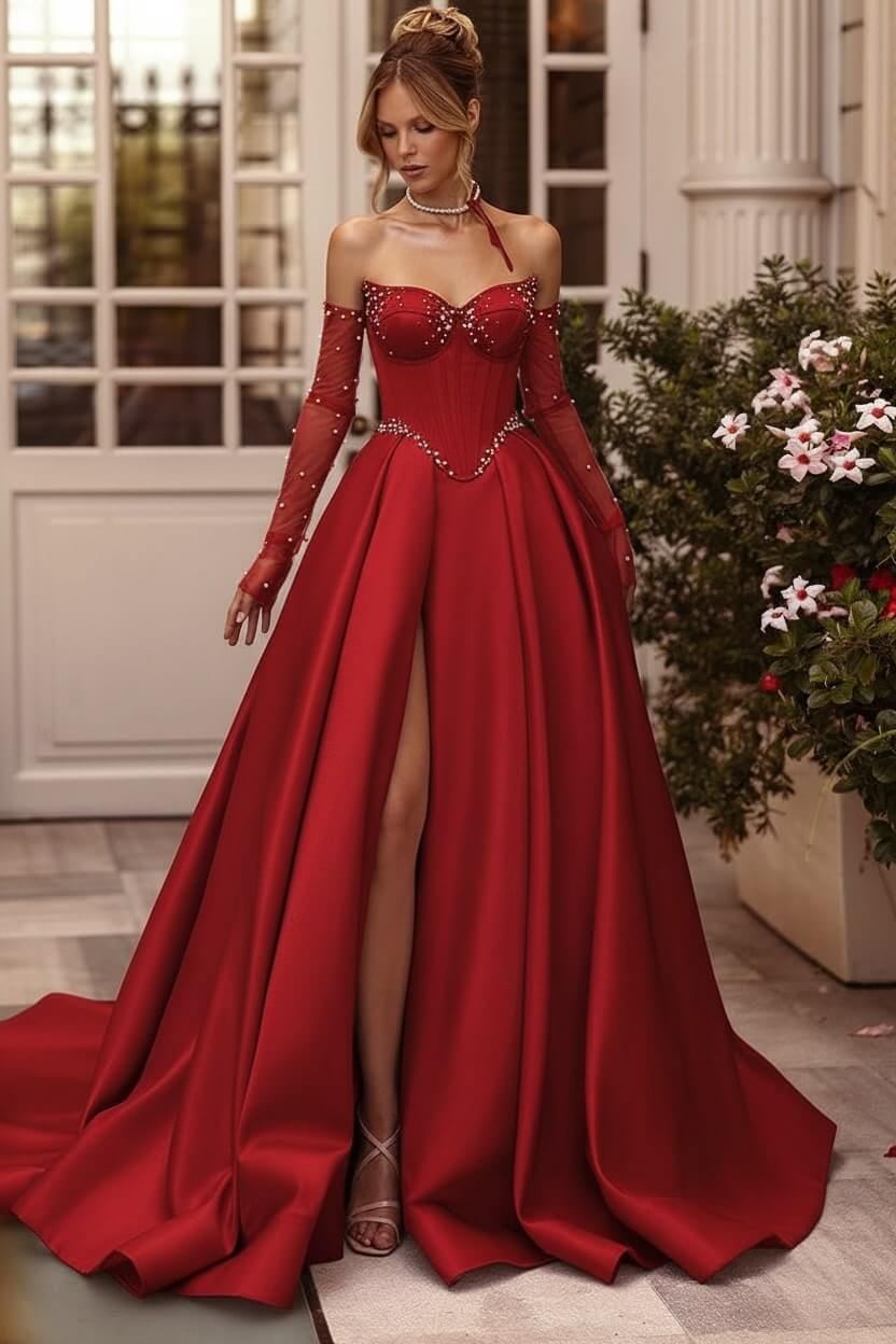 Lilac Prom Dress Beaded A Line Sweetheart Corset Evening Dress with Slit