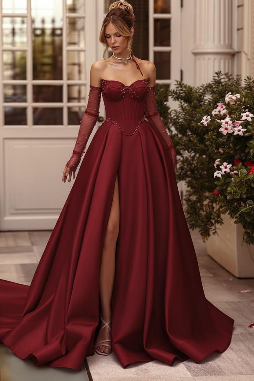 Lilac Prom Dress Beaded A Line Sweetheart Corset Evening Dress with Slit