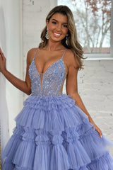 Lilac Prom Dress Corset Beaded Long Tiered Evening Dress with Slit