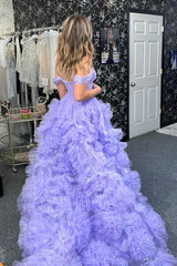 Lilac Prom Dress Corset Off The Shoulder Ruffled Long Formal Dress With Slit