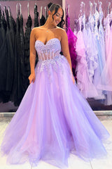 Lilac Prom Dress Floral A-Line Sweetheart Long Formal Dress With Slit
