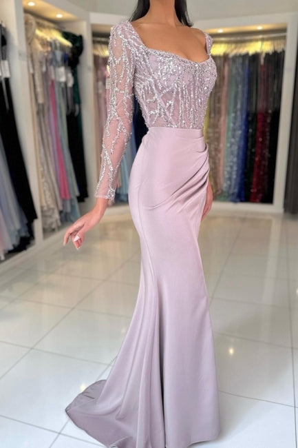 Lilac Prom Dress Mermaid Square Sleeves Sequined Satin Formal Dress With Slit