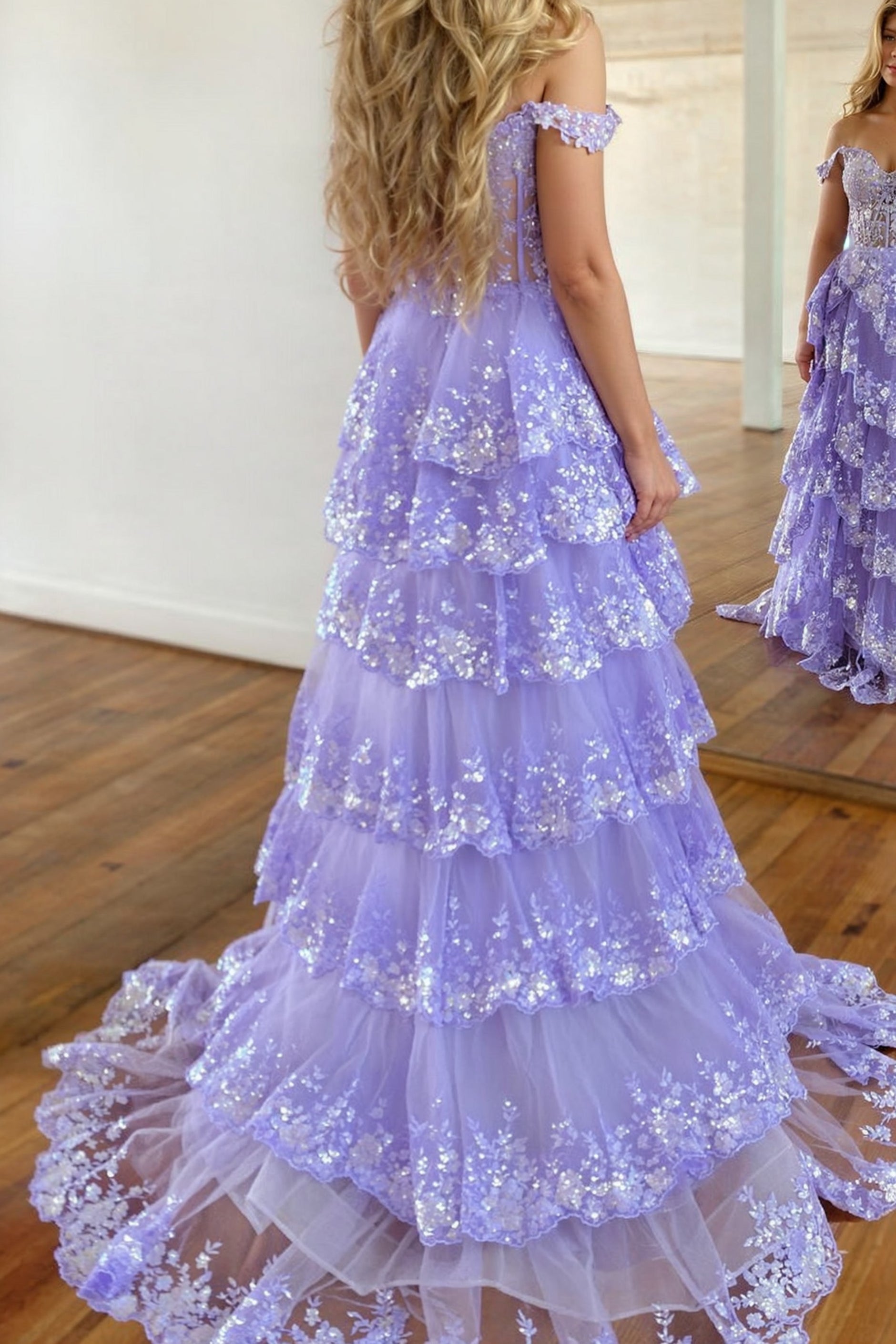 strapless open back dress Strapless Lilac Ruffle Tiered Tulle Long Prom Dress