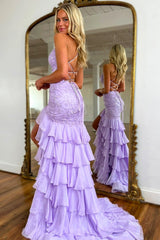 Lilac Prom Dress Ruffled Lace Formal Dress With Slit