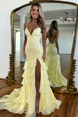 Lilac Prom Dress Ruffled Lace Formal Dress With Slit