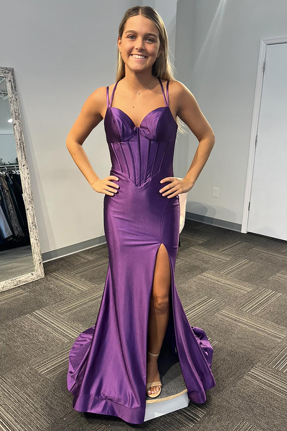 Lilac Prom Dress Spaghetti Straps Mermaid Corset Long Formal Dress With Slit