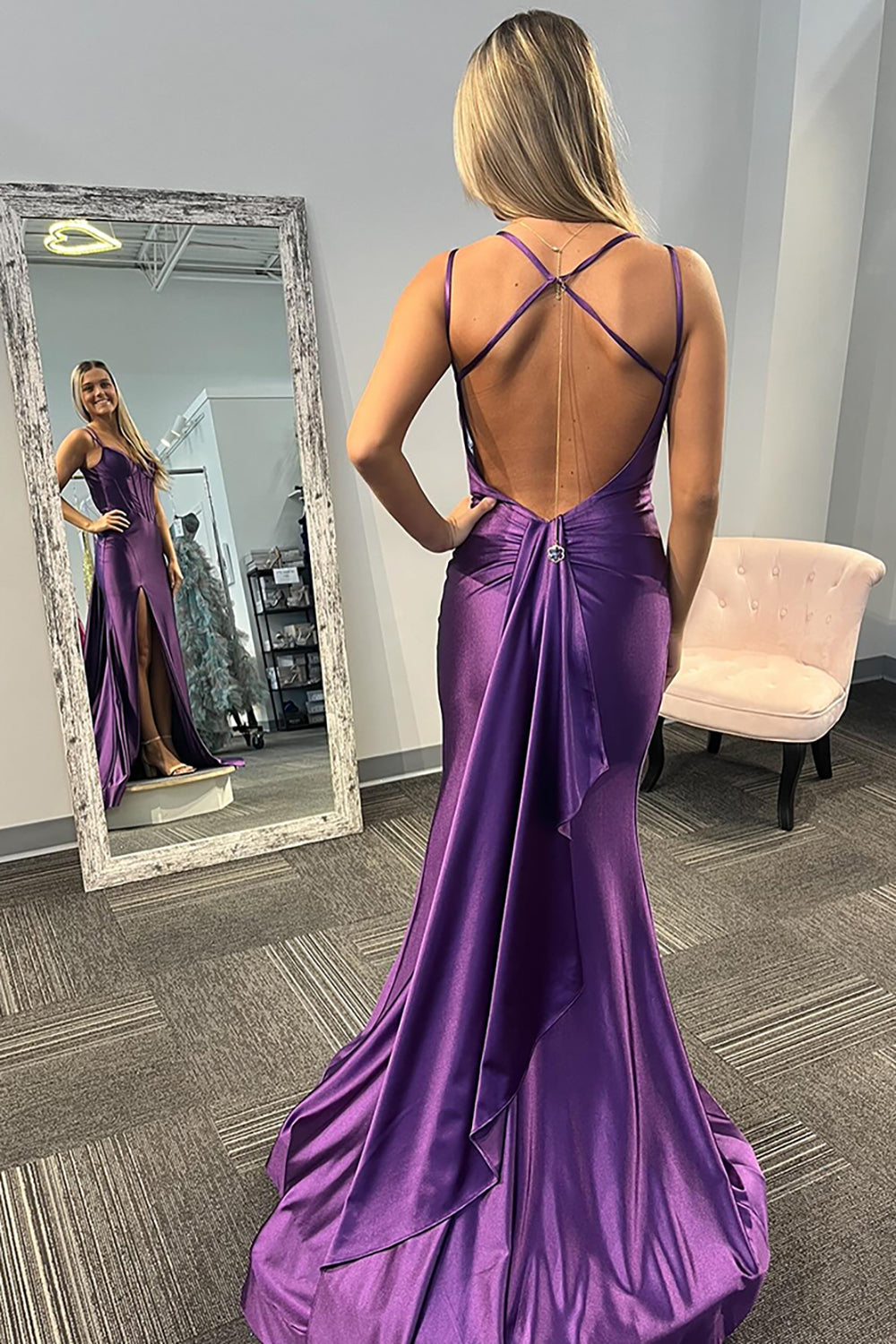 Lilac Prom Dress Spaghetti Straps Mermaid Corset Long Formal Dress With Slit