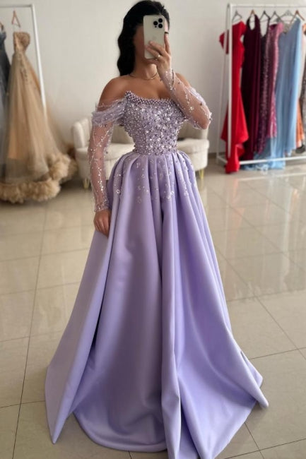 Lilac Prom Dress Strapless A Line One Shoulder Illusion Sleeve Beaded Satin Formal Dress With Pearls And Rhinestones