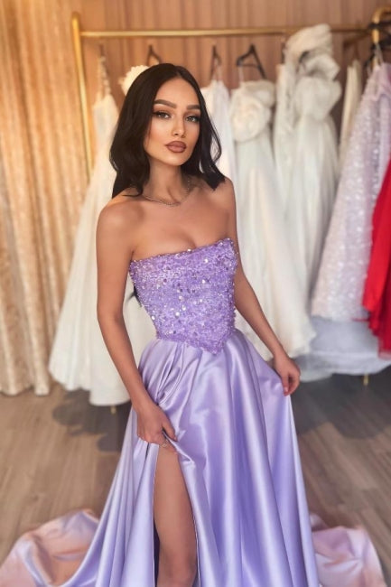 Lilac Prom Dress Strapless Sequined Sleeveless Court Train Satin Formal Dress With High Slit