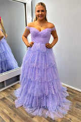 Lilac Prom Dress Tiered A-Line Off The Shoulder Long Formal Dress