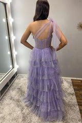 Lilac Prom Dress Tiered A-Line One Shoulder Long Formal Dress