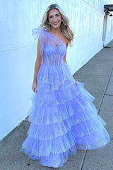 Lilac Prom Dress Tiered A-Line One Shoulder Long Formal Dress