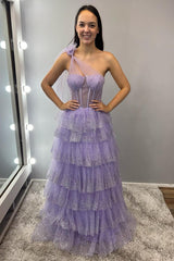 Lilac Prom Dress Tiered A-Line One Shoulder Long Formal Dress