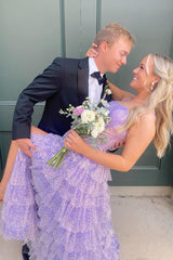 Lilac Prom Dress Tiered A-Line Spaghetti Straps Long Formal Dress With Slit