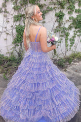 Lilac Prom Dress Tiered A-Line Spaghetti Straps Long Formal Dress With Slit