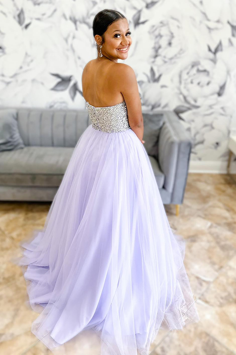 Lilac Prom Dress Tulle Strapless Long Formal Dress