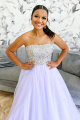Lilac Prom Dress Tulle Strapless Long Formal Dress