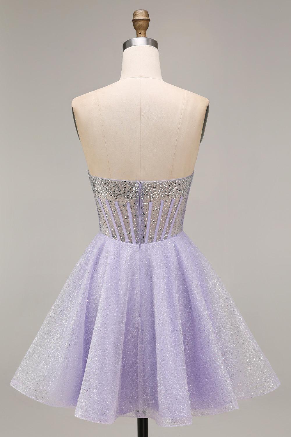 Lilac Sequin Strapless A-Line Corset Short Homecoming Dress with Beading