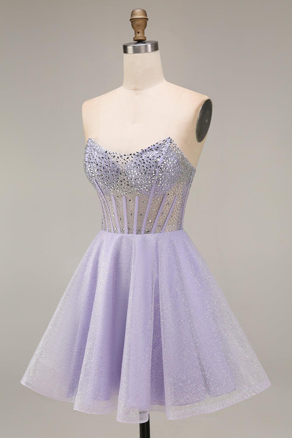 Lilac Sequin Strapless A-Line Corset Short Homecoming Dress with Beading