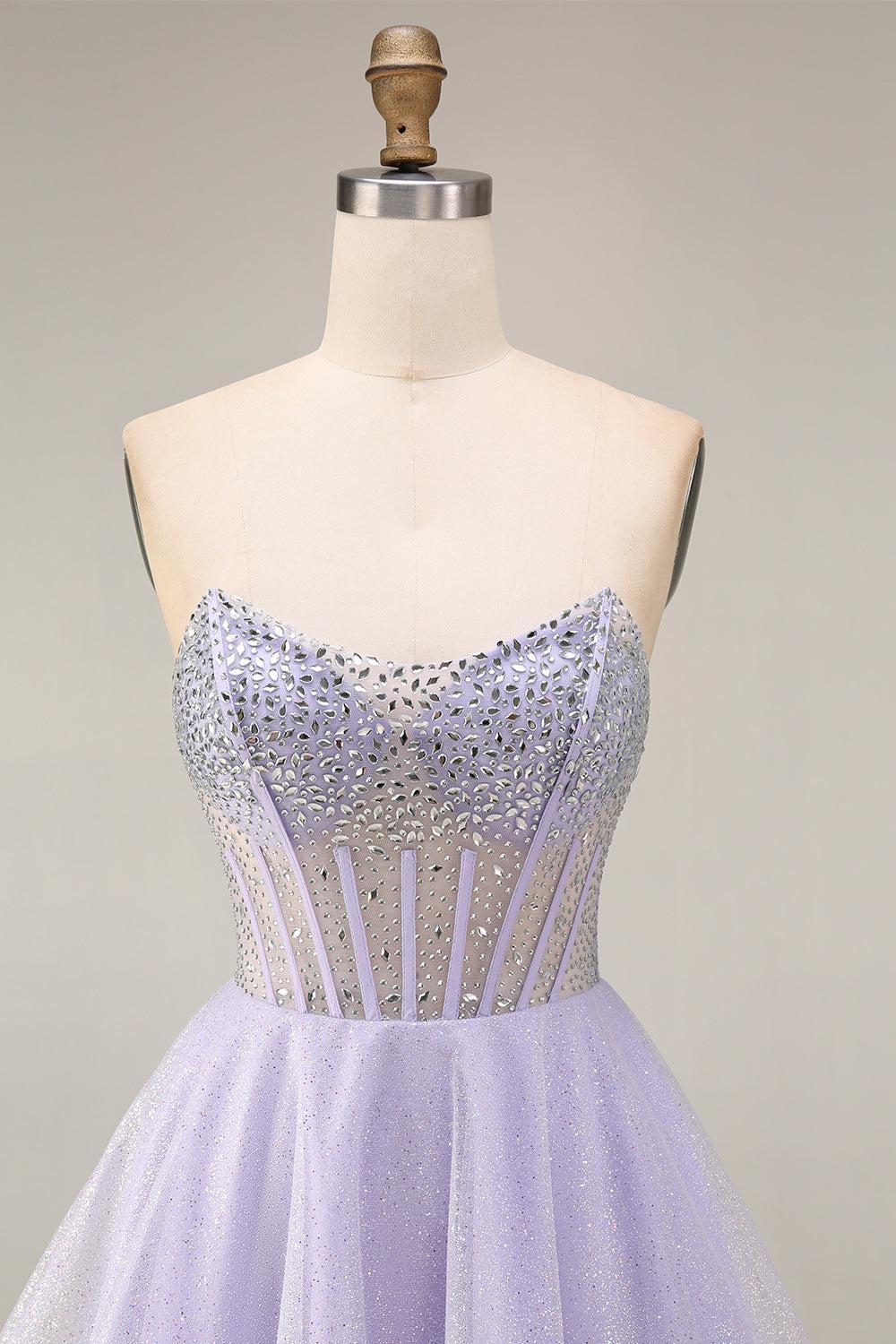 Lilac Sequin Strapless A-Line Corset Short Homecoming Dress with Beading