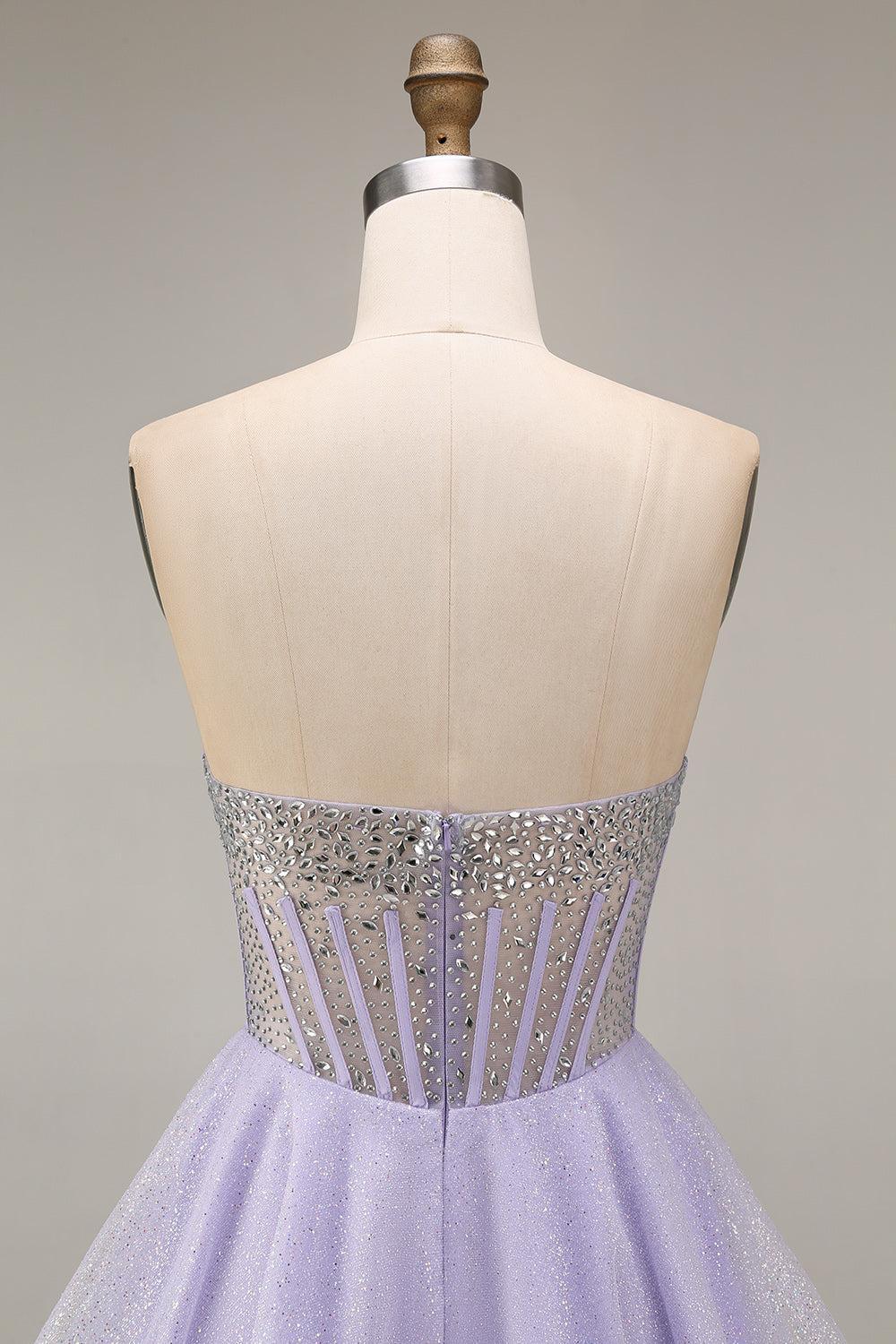 Lilac Sequin Strapless A-Line Corset Short Homecoming Dress with Beading
