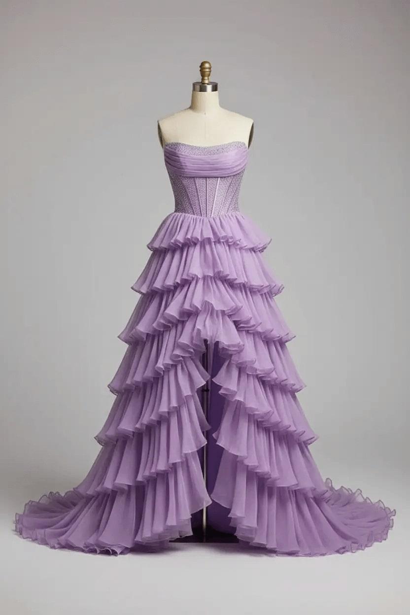 Lilac strapless A-line prom dress with beaded corset bodice and tiered chiffon skirt, front view
