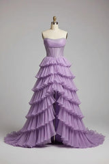 Lilac strapless A-line prom dress with beaded corset bodice and tiered chiffon skirt, front view
