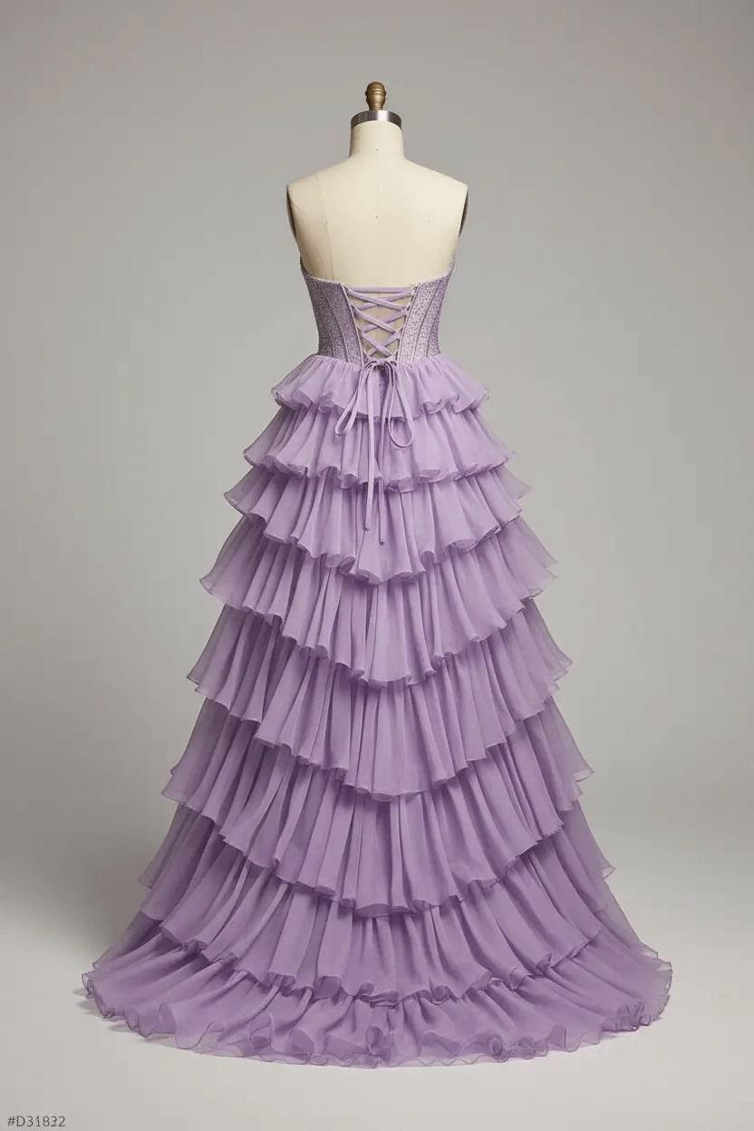 Lace-up corset back of the lilac tiered chiffon prom dress, back view