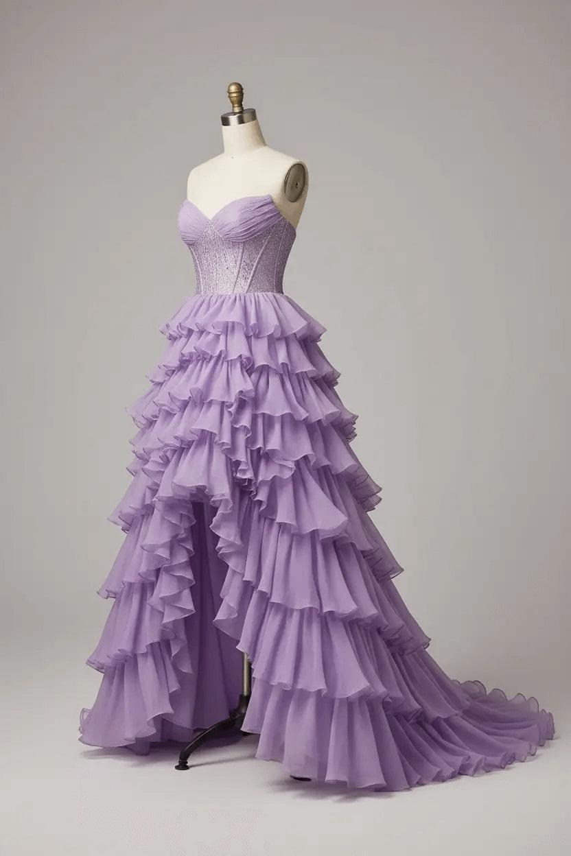 Lilac tiered ruffle prom dress with front slit and sweep train, side view
