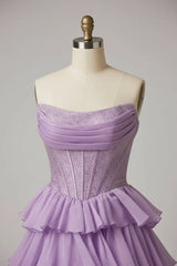 Lilac Strapless Prom Dress Chiffon Beaded A Line Tiered Formal Dress