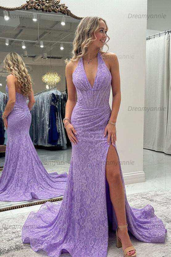 Dreamyannie Halter Pink Prom Dress Long Lace Formal Dress With Slit