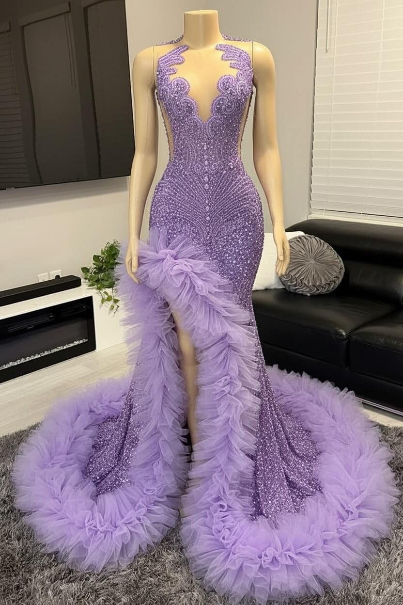 Mermaid Beaded Prom Dress Tulle Ruffles Sequined Formal Dress