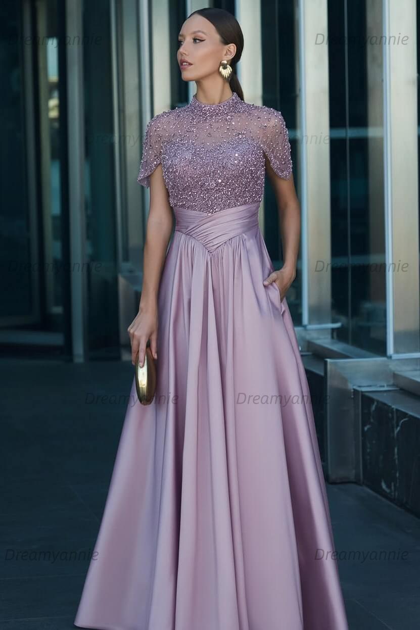 Green A Line Prom Dress Short Sleeve High Neck Beaded Formal Dress