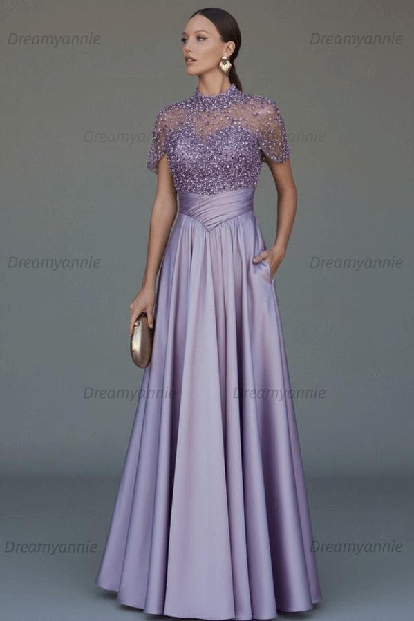 Green A Line Prom Dress Short Sleeve High Neck Beaded Formal Dress